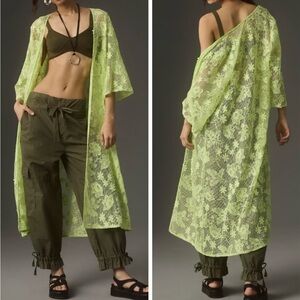 Maeve by Anthropogie 3D Lime Green Floral Lace Duster Size OS